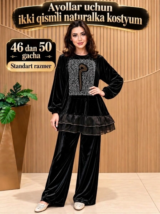 Ayollar uchun naturalka dvoyka kostyum tunika va keng shim 46–50 standart razmer - 