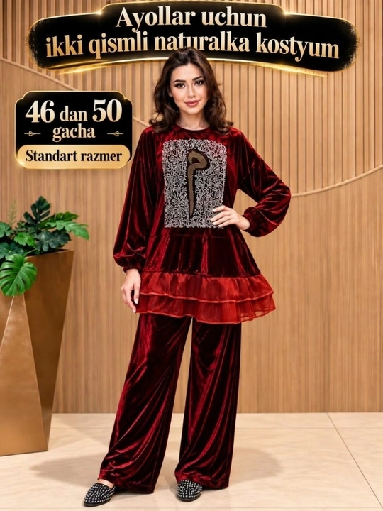 Ayollar uchun naturalka dvoyka kostyum tunika va keng shim 46–50 standart razmer - 