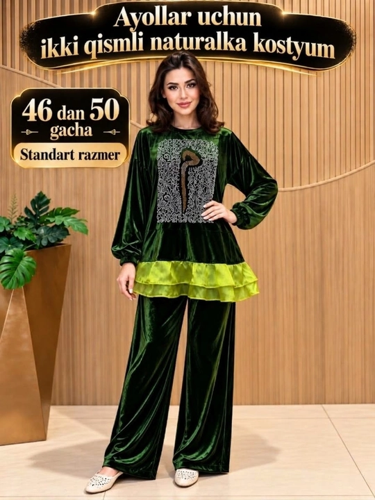 Ayollar uchun naturalka dvoyka kostyum tunika va keng shim 46–50 standart razmer - 