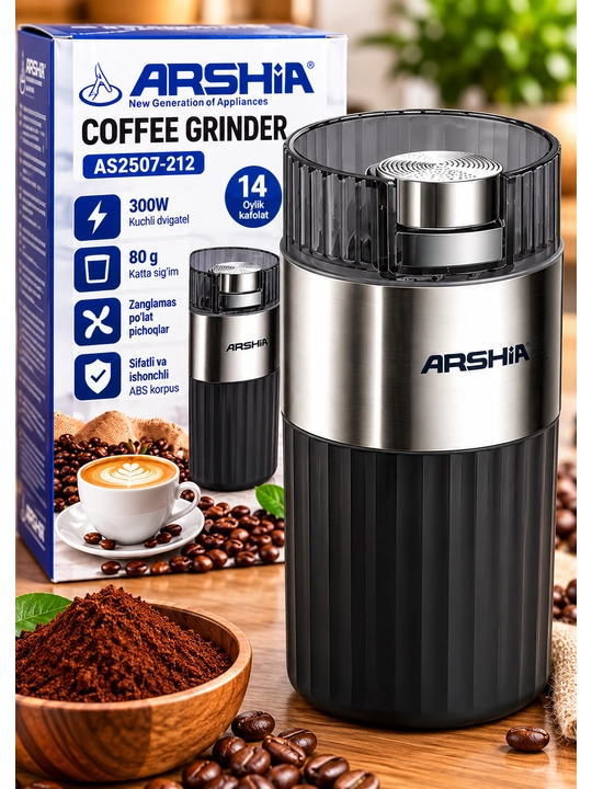 ARSHIA AS2507-212 elektr qahva maydalagichi, 300 Vt, 80 g, zanglamaydigan po‘latdan