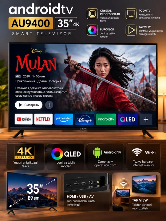 Smart TV, Android televizor, 4K televizor, QLED TV, 35 dyuym televizor - 
