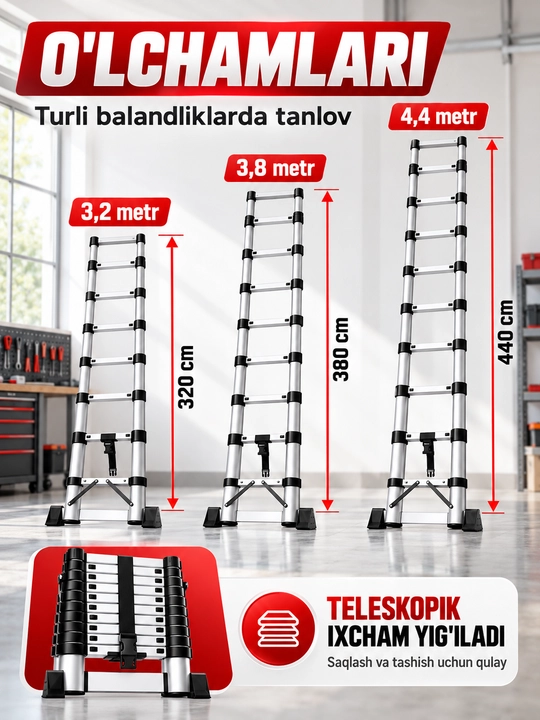 Teleskopik narvon, alyuminiy buklanadigan yig‘ma narvoncha, 150 kg, uy va remont uchun