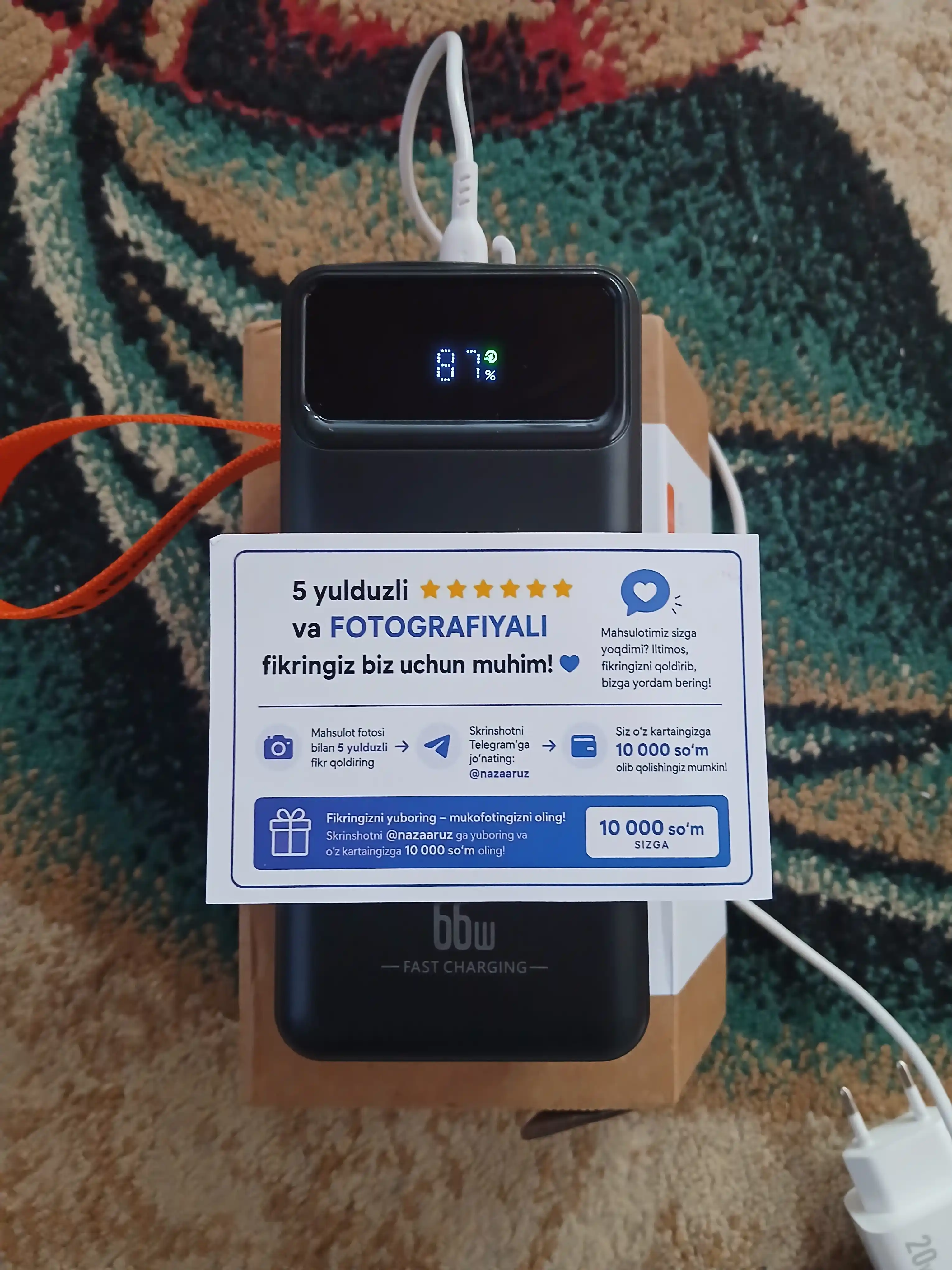 Power Bank 20000mA 66W tezkor quvvat bilan tashqi akkumulyatori +4 kabel bilan