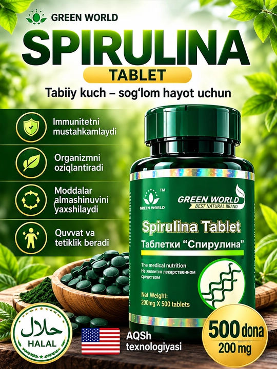 Green World Spirulina Tablet 500 dona, 200 mg — spirulina tabletkalari,  BFQ - 