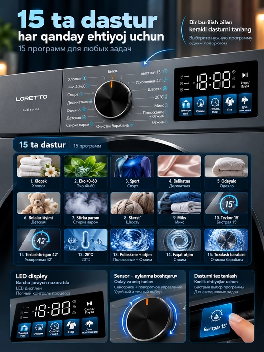 Стиральная машина LORETTO Luci G8, 8 кг, 3D Steam, BLDC мотор, A+++