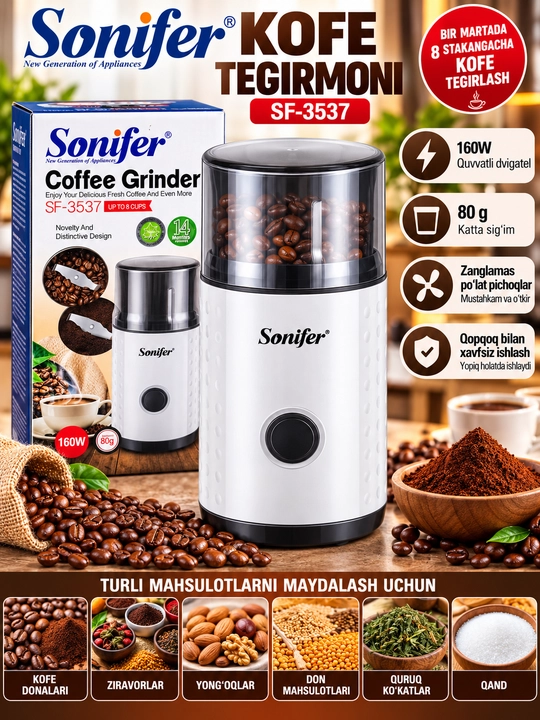 Sonifer SF-3537 Elektr Kofe Tegirmoni 160 W, 80 g, Zanglamas Po‘lat Pichoqli