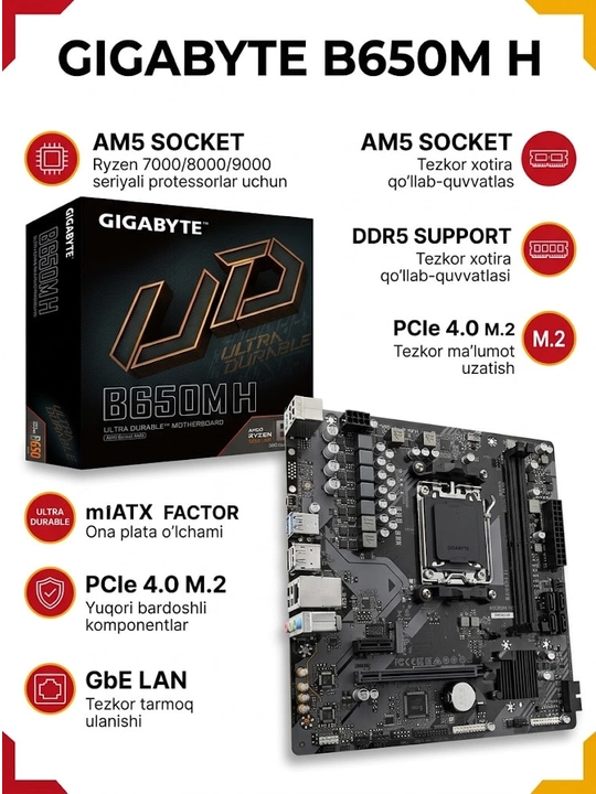 Материнская плата GIGABYTE B650M H, AM5, DDR5, PCIe 4.0, M.2 NVMe, GbE LAN, mATX для ПК - 