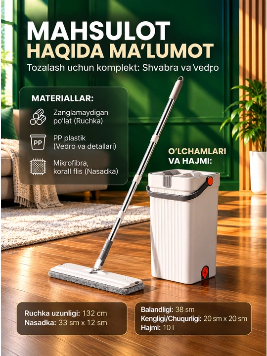 Shvabra, shvabra pollarni tozalash uchun, shvabra siqish moslamasi bilan, shivabra 10 litr
