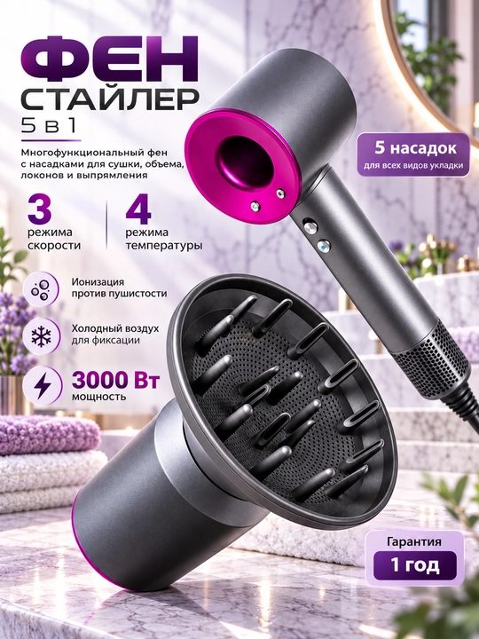Фен для волос, фен-стайлер для сушки и укладки, 3 скорости,4 температуры,магнитные насадки