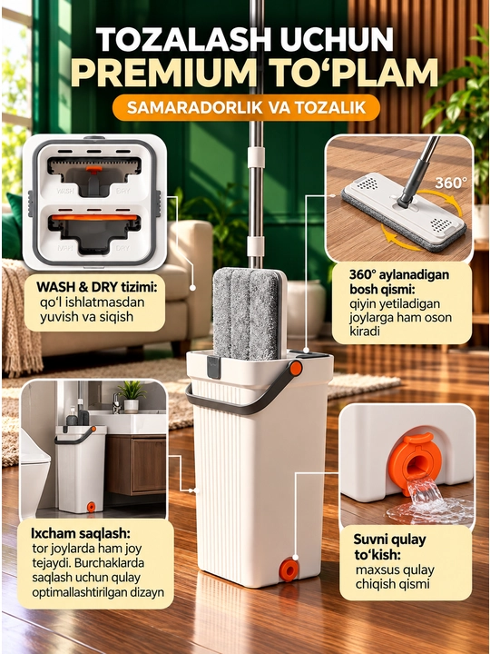 Shvabra, shvabra pollarni tozalash uchun, shvabra siqish moslamasi bilan, shivabra 10 litr