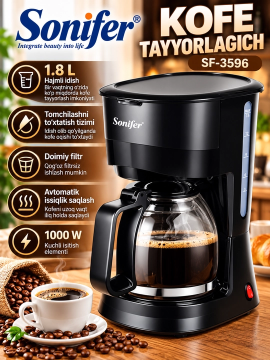 Sonifer SF-3596 Kofe Qaynatgich 1000 W, 1.8 L, Doimiy Filtrli - 
