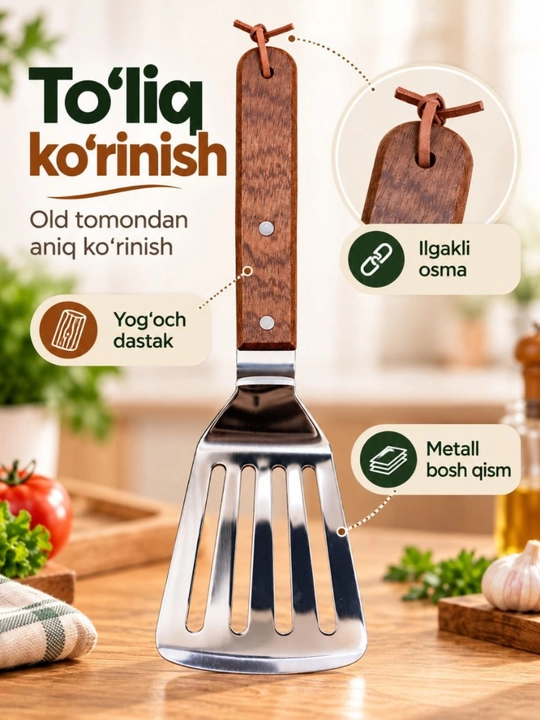 Oshxona uchun keng metall kurakcha, yog‘och dastali, teshikli, qovurish uchun lopatka