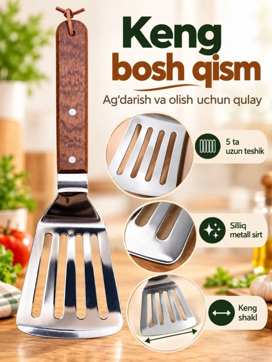 Oshxona uchun keng metall kurakcha, yog‘och dastali, teshikli, qovurish uchun lopatka