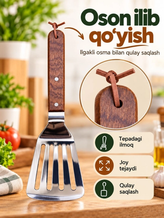 Oshxona uchun keng metall kurakcha, yog‘och dastali, teshikli, qovurish uchun lopatka