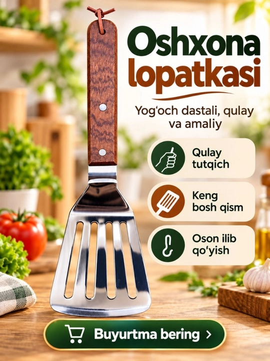 Oshxona uchun keng metall kurakcha, yog‘och dastali, teshikli, qovurish uchun lopatka