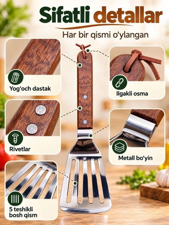 Oshxona uchun keng metall kurakcha, yog‘och dastali, teshikli, qovurish uchun lopatka