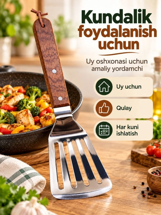 Oshxona uchun keng metall kurakcha, yog‘och dastali, teshikli, qovurish uchun lopatka