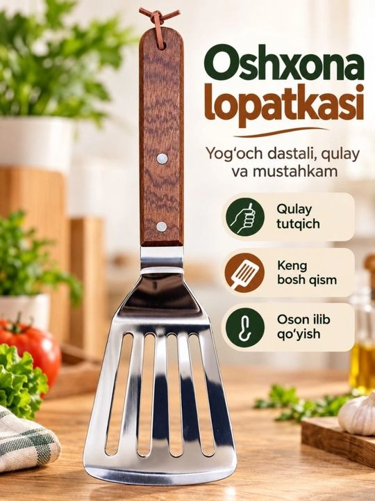Oshxona uchun keng metall kurakcha, yog‘och dastali, teshikli, qovurish uchun lopatka