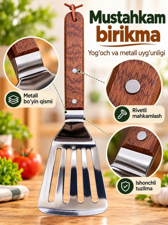 Oshxona uchun keng metall kurakcha, yog‘och dastali, teshikli, qovurish uchun lopatka