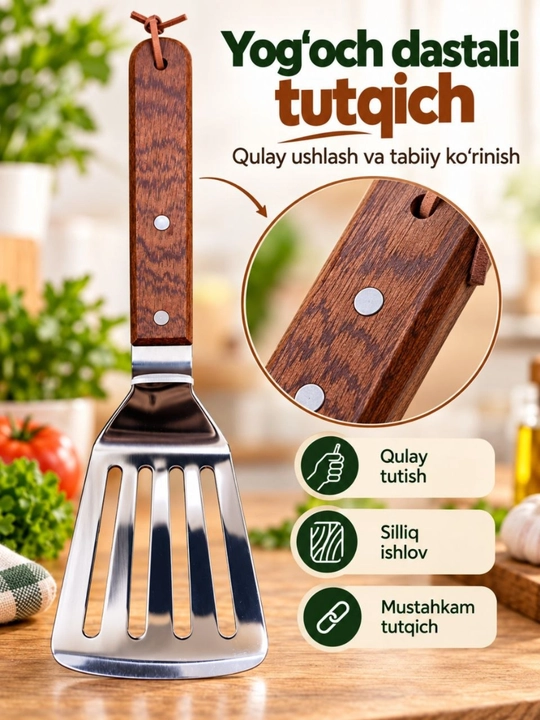 Oshxona uchun keng metall kurakcha, yog‘och dastali, teshikli, qovurish uchun lopatka