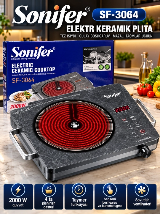 Sonifer SF-3064 Elektr Keramik Plita 2000 W, 4 ta Pishirish Rejimi