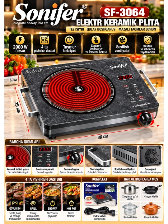 Sonifer SF-3064 Elektr Keramik Plita 2000 W, 4 ta Pishirish Rejimi