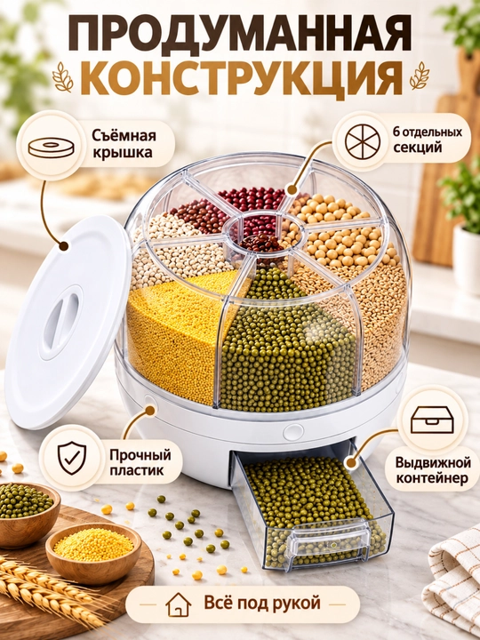 Диспенсер для хлопьев и круп, вращающийся кухонный органайзер на 6 отделений