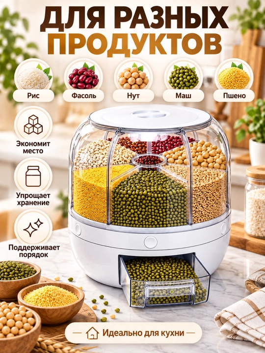 Диспенсер для хлопьев и круп, вращающийся кухонный органайзер на 6 отделений