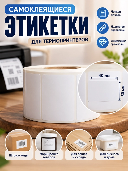 Shtrix-kodlar va tovarlarni markirovkalash 40×30 mm o‘zi yopishadigan yorliqlar - 
