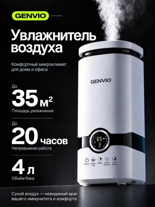 Увлажнитель воздуха GENVIO, ультразвуковой, 4 л, с фильтром и ароматизацией, 300 мл/ч - 