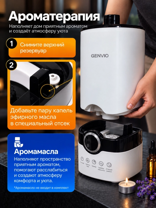 Увлажнитель воздуха GENVIO, ультразвуковой, 4 л, с фильтром и ароматизацией, 300 мл/ч