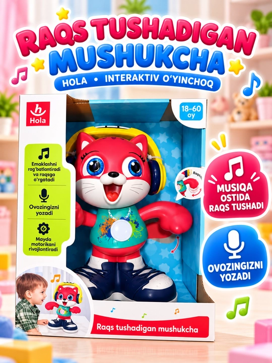 Hola interaktiv o‘yinchog‘i ovoz yozuvi bilan raqsga tushayotgan mushuk - 