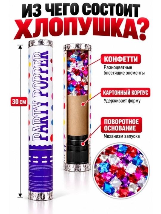 Хлопушка с конфетти 30-40 см, для праздника, дня рождения, свадьбы и вечеринки