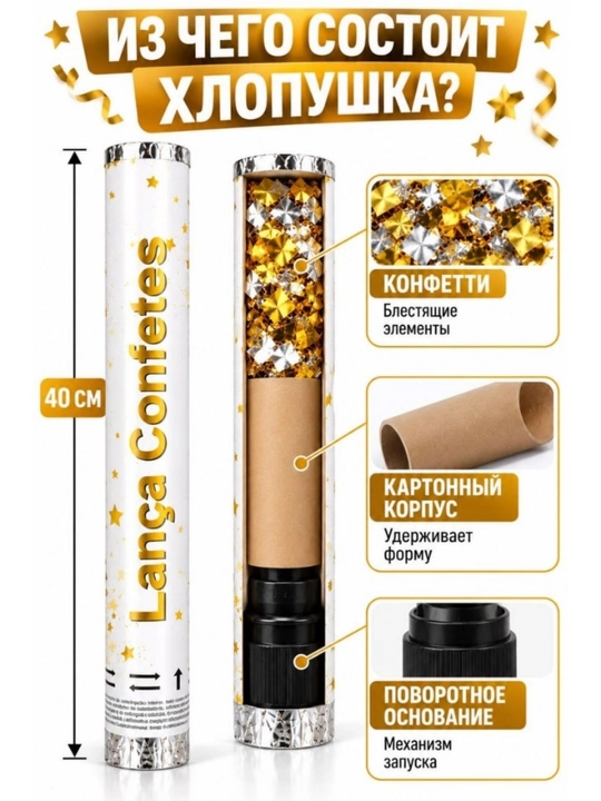 Хлопушка с конфетти 30-40 см, для праздника, дня рождения, свадьбы и вечеринки