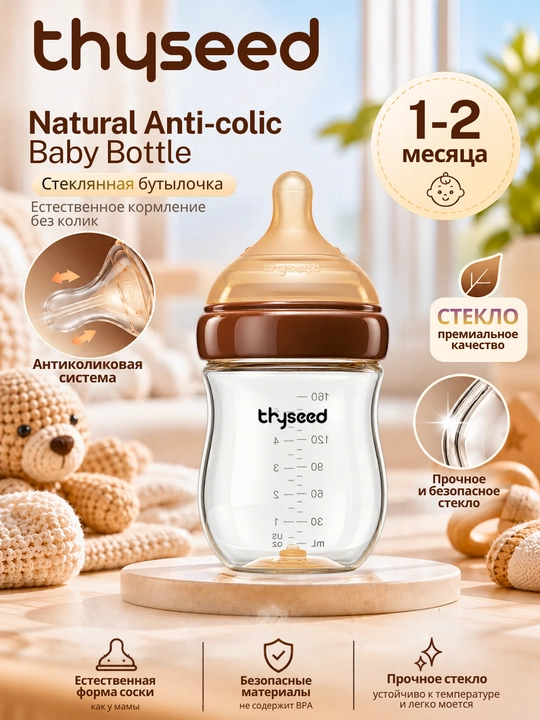Thyseed Natural Anti-colic, стеклянная бутылочка, 160 мл, 0–3 мес - 