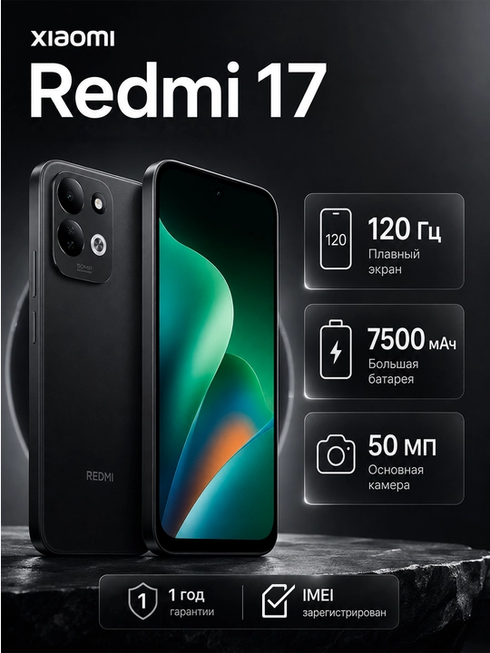 Смартфон Xiaomi Redmi 17, 8/256 ГБ, 6.9″ 120 Гц, 50 МП, 7500 мАч - 