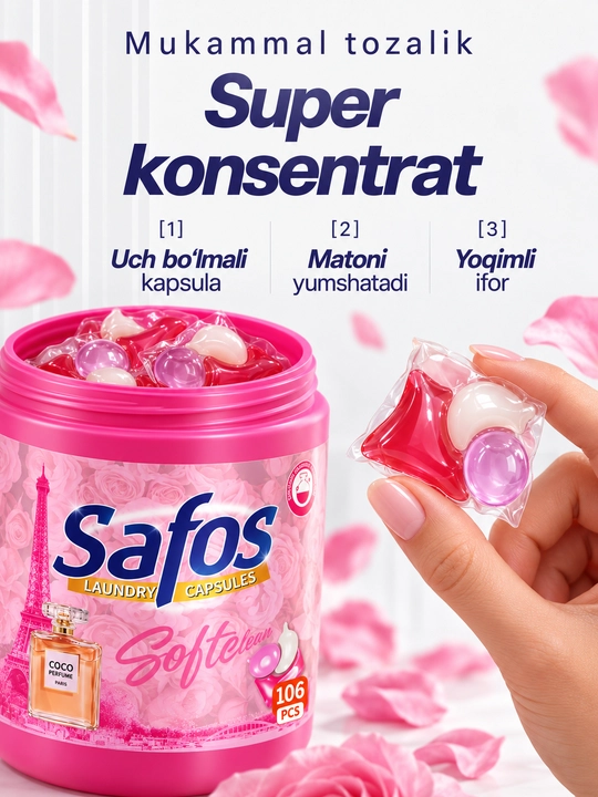 Капсулы для стирки Safos 25-106 шт для цветного, белого и детского белья
