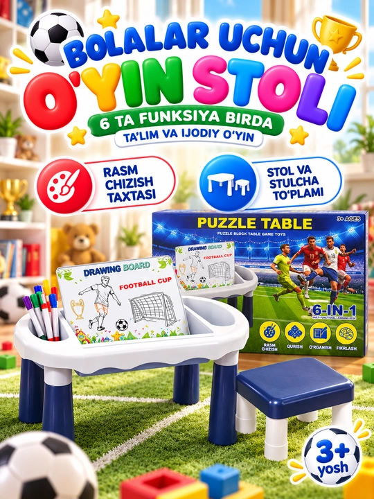 Bolalar uchun 6 tasi 1 da futbol o‘yin stoli, to‘p va rasm chizish to‘plami bilan - 