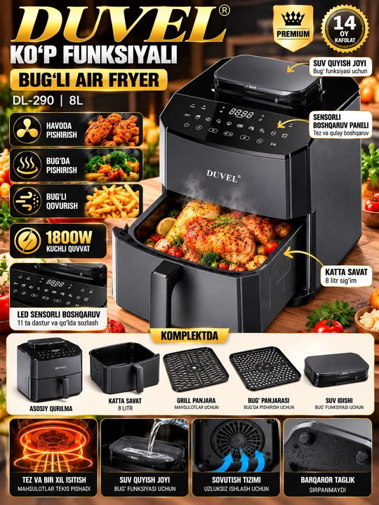 DUVEL DL-290 Aerofritöz 8 L, 1800 W, 11 Dastur, Sensorli Boshqaruv - 