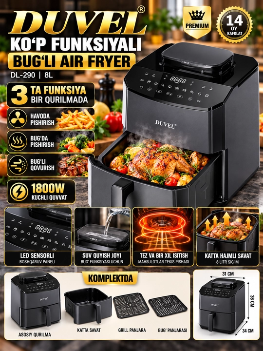 DUVEL DL-290 Aerofritöz 8 L, 1800 W, 11 Dastur, Sensorli Boshqaruv
