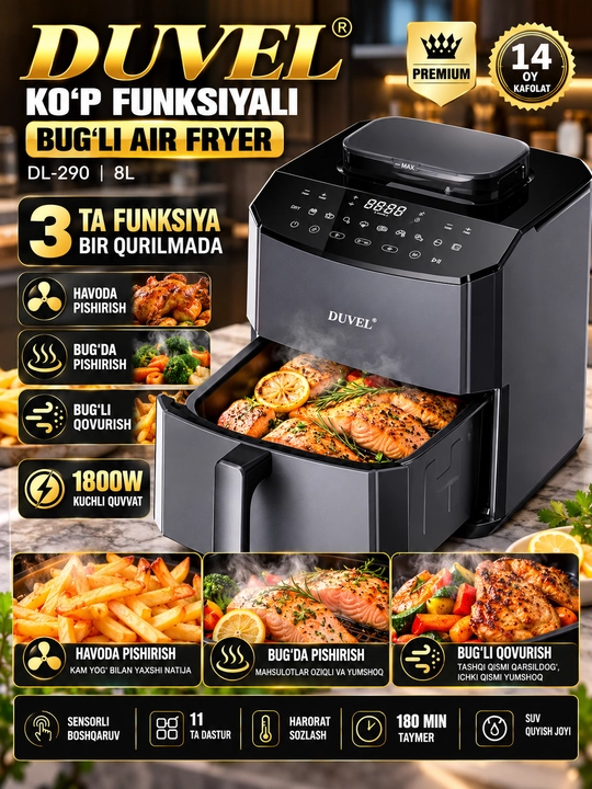 DUVEL DL-290 Aerofritöz 8 L, 1800 W, 11 Dastur, Sensorli Boshqaruv