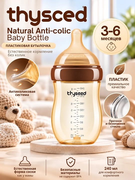 Thyseed Natural Anti-colic, пластиковая и стеклянная бутылочка, 240 мл, 3–6 мес - 