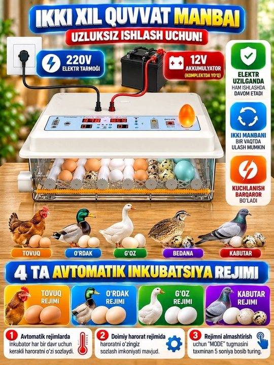 Инкубатор Full HD для яиц, вместимостью 16, 36, 64, 120 яиц, работает от сети 12В и 220 В