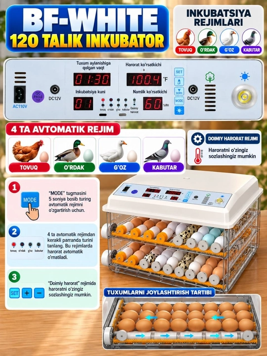 Инкубатор Full HD для яиц, вместимостью 16, 36, 64, 120 яиц, работает от сети 12В и 220 В