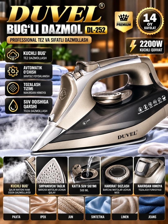 DUVEL DL-252 Bug‘li Dazmol 2200 W, 500 ml, Harorat Sozlamasi - 