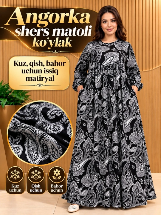 Ayollar uchun uzun angorka shers ko‘ylak kuz va qishgi ko'ylak katta razmer 50–56