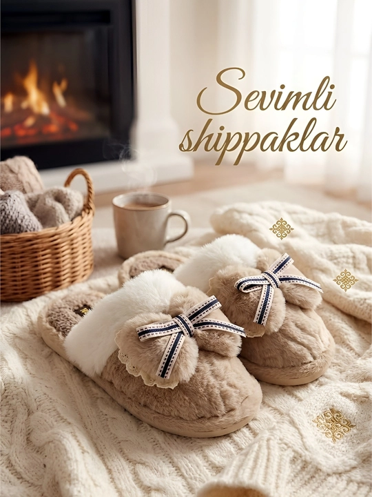 Ayollar uchun yumshoq mo‘ynali uy shippaklari, ochiq burunli uy tapochkalar, 36–41 - 