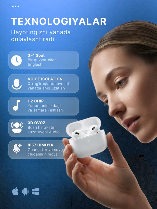 Simsiz quloqchinlar Pods Pro 3, iPhone va Android uchun naushnik sensorli (+bonus sovg'a)