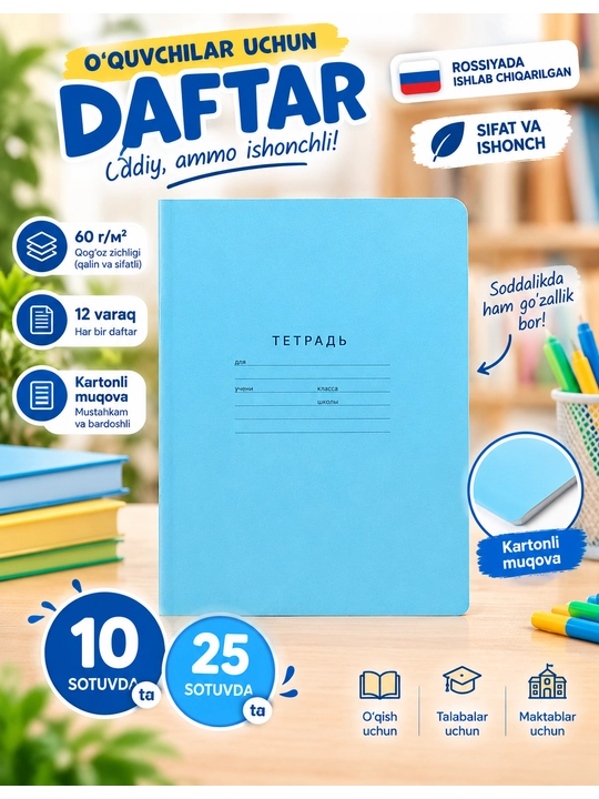 Daftarlar to‘plami, Maktab daftari, 12 varaqli daftar, karton muqovali, ikki chiziqli - 