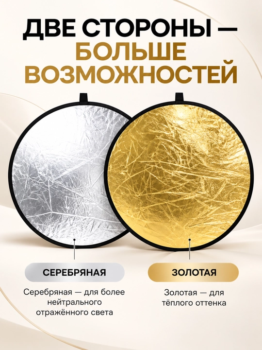 Фотоотражатель 2 в 1 белый и серебряный для фото и видео, 60 и 80 см